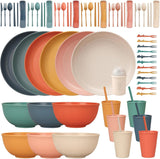 Unzerstörbares 6-Personen-Besteckset, Campingbesteck-Set, 66-teilig, Kunststoff-Picknickbesteck-Sets, leichtes, buntes BBQ-Kunststoff-Servierteller, Schüsseln, Besteck-Set