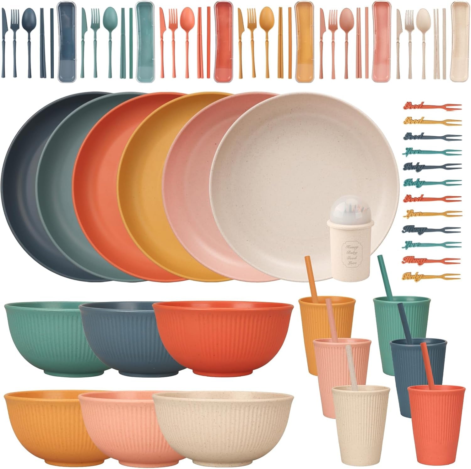 Unzerstörbares 6-Personen-Besteckset, Campingbesteck-Set, 66-teilig, Kunststoff-Picknickbesteck-Sets, leichtes, buntes BBQ-Kunststoff-Servierteller, Schüsseln, Besteck-Set