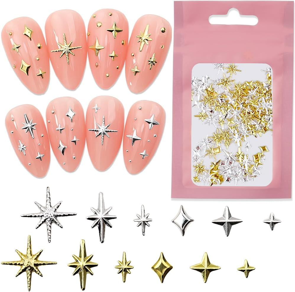 120 Stück gold-silberne Stern-Nagel-Charms, Stern-Y2K-Nägel, Metall-Stern-Nagel-Charms, verschiedene Größen, Nagelschrauben, Stern-Nageldesign, Nagelkunst, 3D-Stern-Charms, Nageldekoration, Nagel-Charms, Nagel-Zubehör
