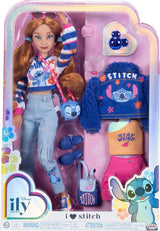 Disney ILY 4EVER Stitch Modepuppen mit roten Haaren, 29 cm groß, mit 13 Artikulationspunkten, zwei kompletten Mix-and-Match-Outfits und einem funkelnden Mickey-Ring für Sie!