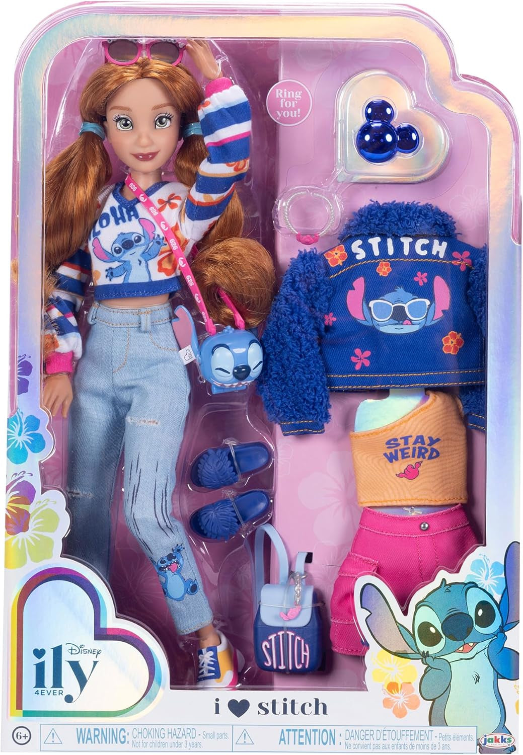 Disney ILY 4EVER Stitch Modepuppen mit roten Haaren, 29 cm groß, mit 13 Artikulationspunkten, zwei kompletten Mix-and-Match-Outfits und einem funkelnden Mickey-Ring für Sie!