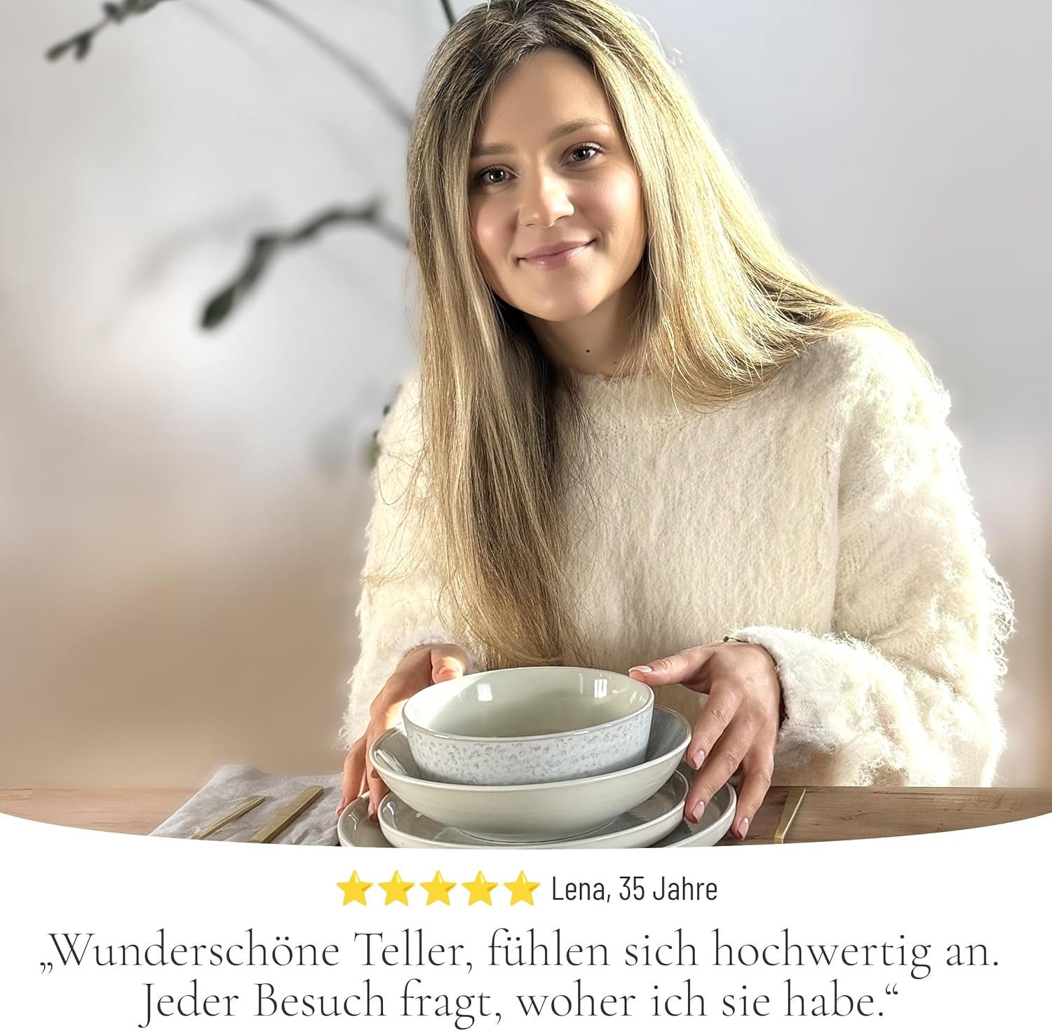 48-teiliges Keramik-Steinzeug-Geschirrset für 12 Personen, Ibiza-Design, TESTSIEGER. Ein wunderschönes mediterranes Geschirrset aus Keramiksteinzeug mit Schüsseln und Tellern. Pure Living Geschirrset, beige.