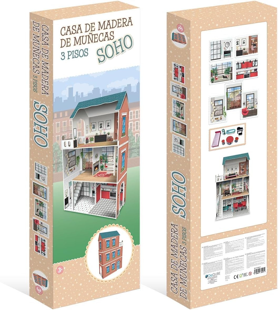 Dreistöckiges Puppenhaus im Soho-Madera-Design mit 8 Möbelstücken, Größe 120 x 33 x 75 cm (913D00181) Naty Shop Dollhouses