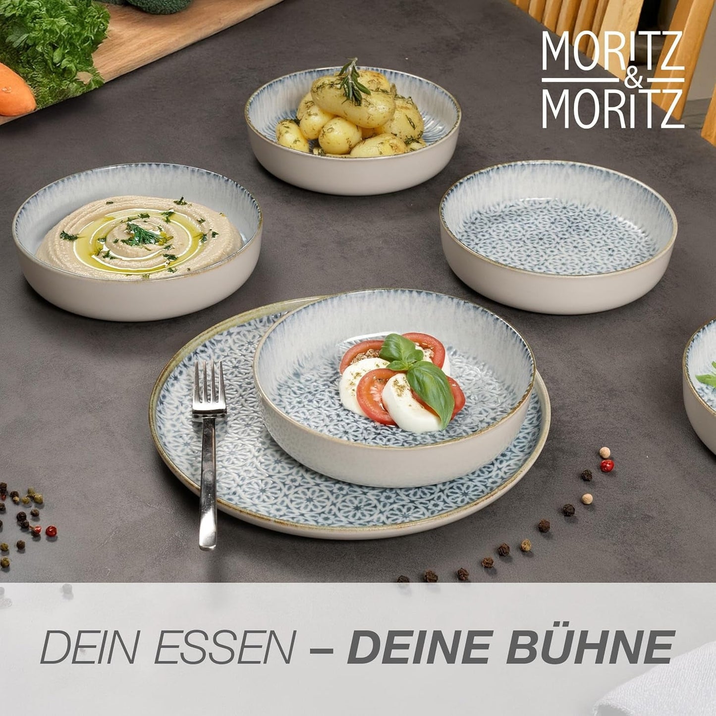 Moritz & Moritz ALHAMBRA Tafelservice für 6 Personen, 18-teilig, hochwertiges Porzellan – modernes blaues Tafelservice – pflegeleichtes Set bestehend aus 6 Speisetellern, 6 Desserttellern und 6 Schüsseln