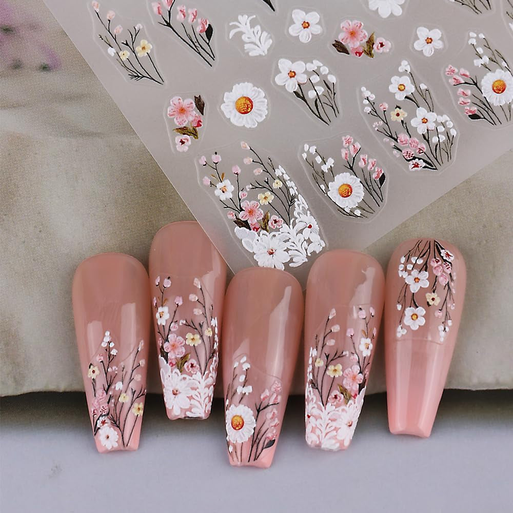 Pflaumenblüten-Nagelaufkleber, weiß-rosa Blumen-Nagelaufkleber, geprägte Blumen-Nagelaufkleber, Frühlings-Sommer-Blumen-Nagelaufkleber, Nageldesigns, Nagelzubehör, Nagelkunst