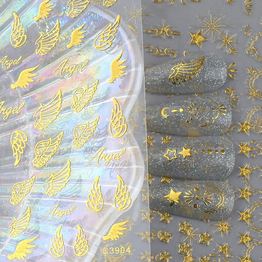 8 Blatt goldene Mond- und Sterne-Nagelkunstaufkleber, Engelsflügel, hellbraune goldene Nagelaufkleber, Sterne, Nagelfolien, selbstklebende Nagelaufkleber, Nageldesign-Zubehör, Nagelaufkleber