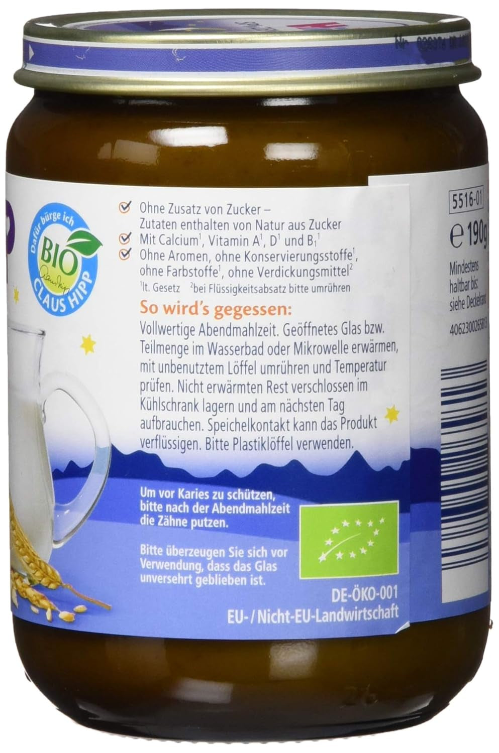 HiPP Bio Gute Nacht mit 7 Cerealien (6 x 190g), Babynahrung ab 6 Monaten, ohne Zuckerzusatz, sehr sättigend, beste Bio-Qualität