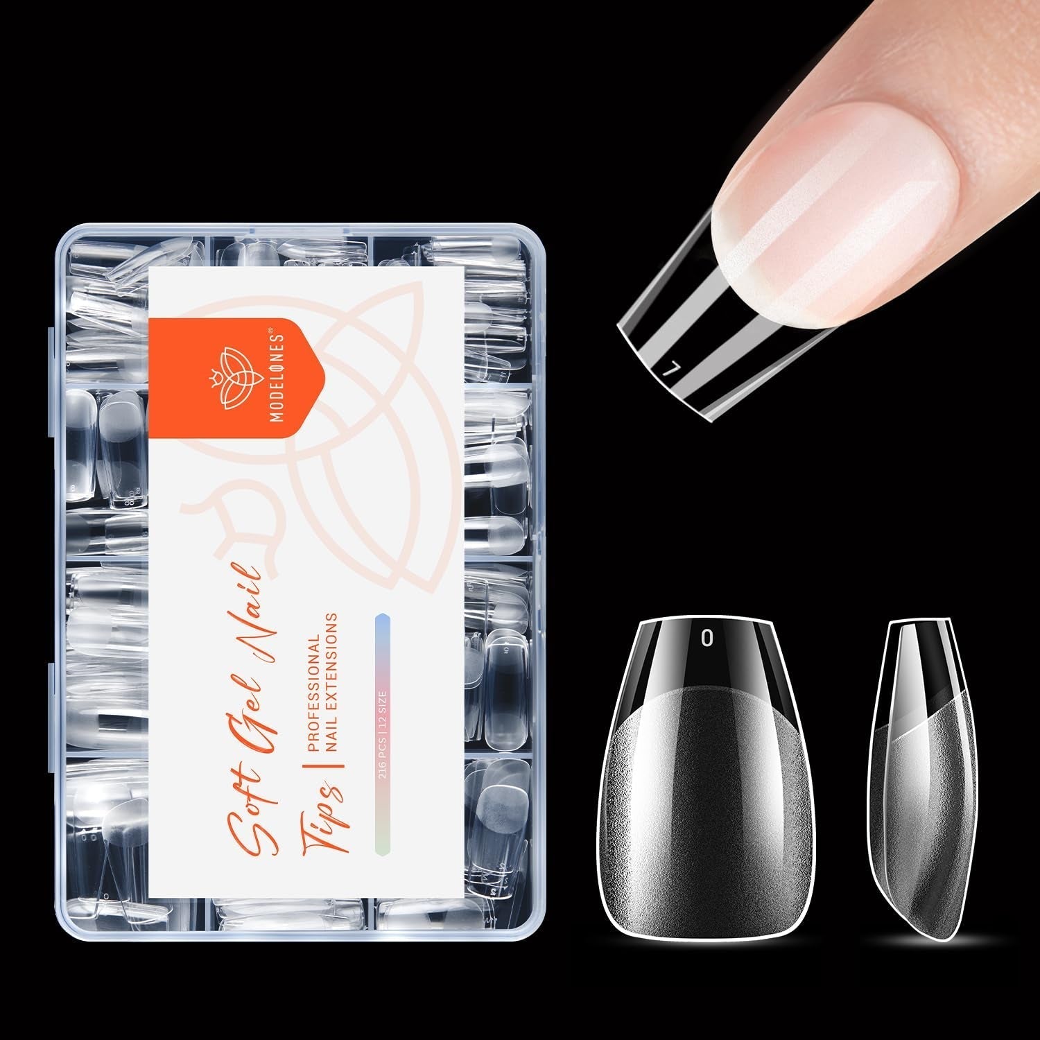 Modelones Nagelspitzen 216-teilig – Nagelspitzen-Set mit vollständiger Abdeckung, weiches Gel-Spitzen-Set, vorpolierende PMMA-Harz-Nagelspitzen, DIY-Kleber auf künstlichen Nägeln für Nagelkunst, kurze Mandeln XS