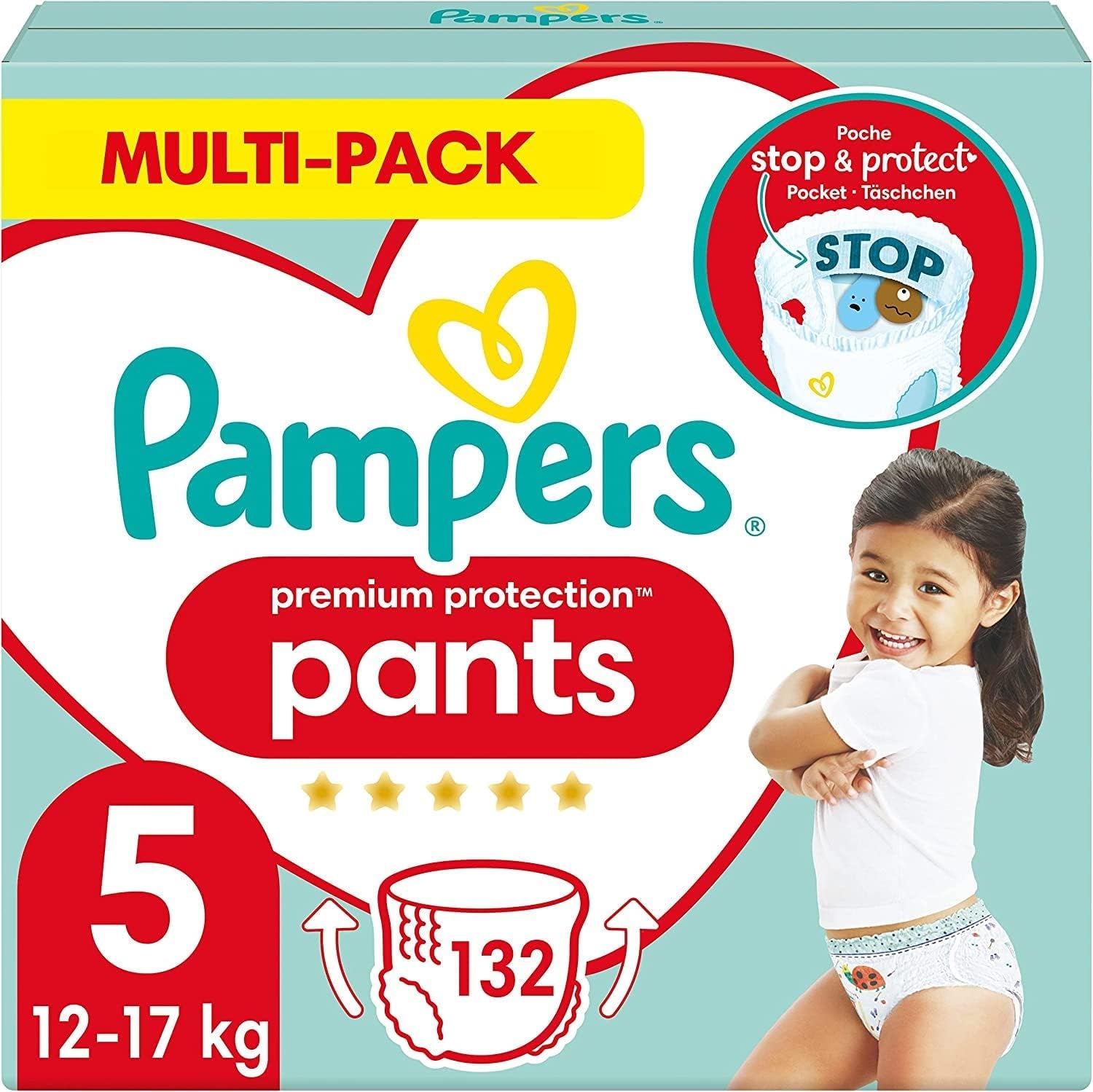 Pampers Premium Protection Pants Größe 7, 123 Windeln, 15 kg+, mit 360°-Anpassung und weichen Anti-Leck-Bündchen für optimalen Komfort und Schutz
