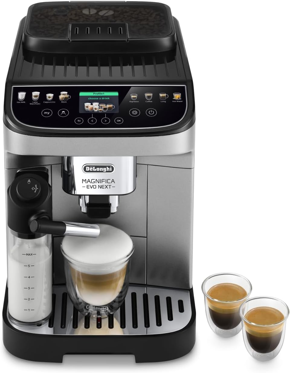 De'Longhi Magnifica Evo Next - Perfetto Vollautomatische Espressomaschine mit LatteCrema Milchaufschäumer, 13 One-Touch-Getränke, Kaffee- und Cappuccino-Zubereiter, Farb-Touchscreen, Titan (ECAM312.80.TB)