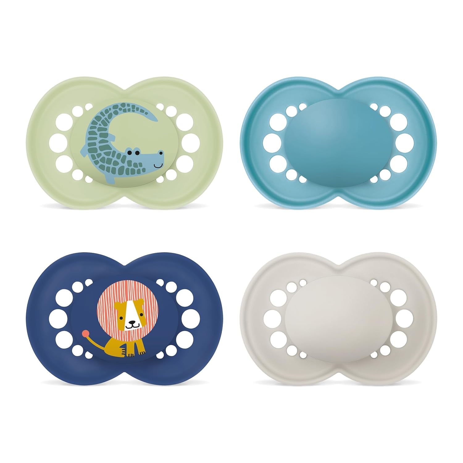 Original MAM Schnuller | 6-16 Montag | Schnullerset für Babys und Kleinkinder | Akzeptanz 94 % | Verhindert unerwünschte Zahnausrichtung | SkinSoft Silikon-Babyschnuller | Krokodil/Löwe | 4 Stück
