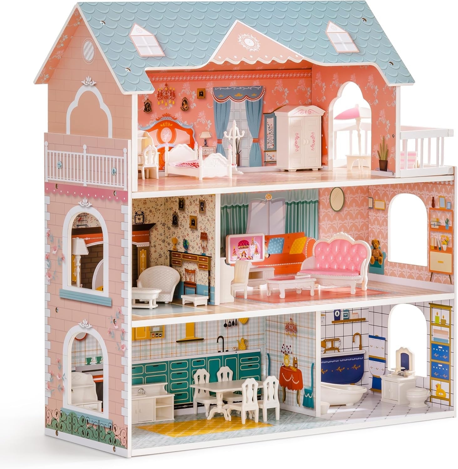ROBUD Puppenhaus aus Holz mit Möbeln und Zubehör, Mädchenhäuser, Spielhaus, Kinderspielzeug