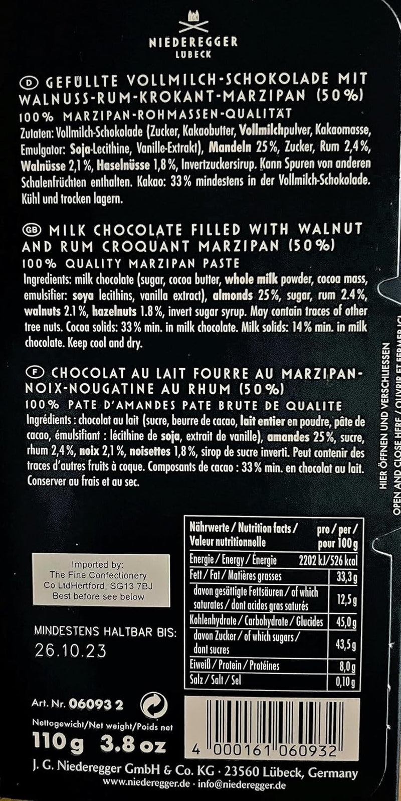Niederegger Nuc-Rum Krokant Marzipanriegel 110g