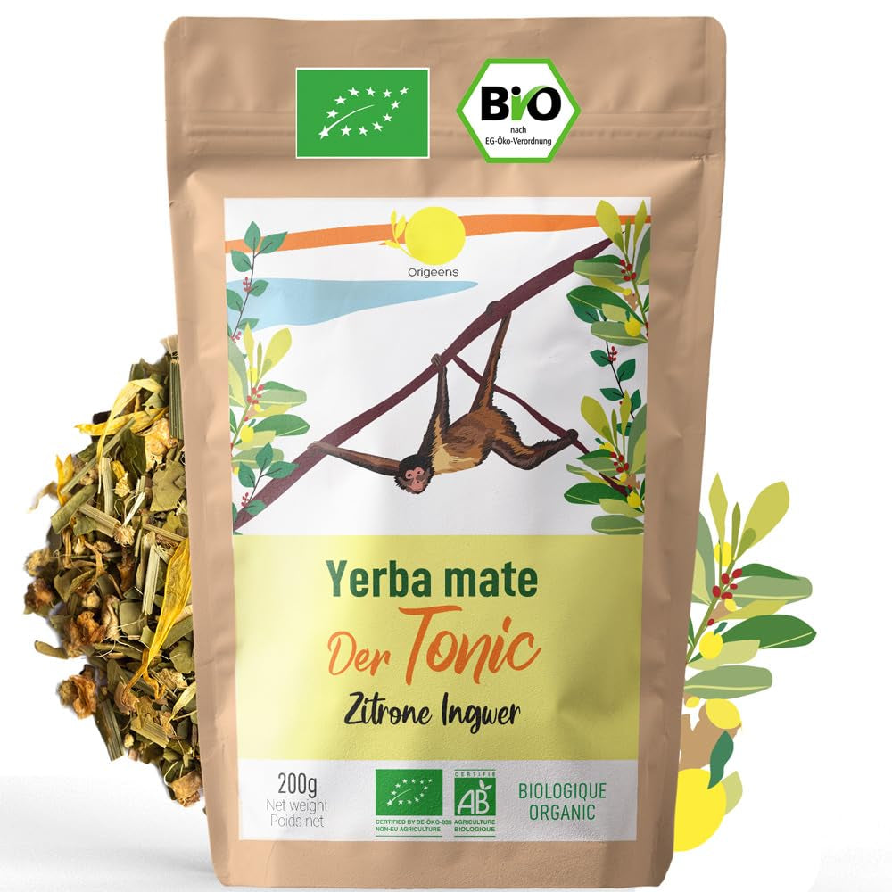 ORIGEENS BIO YERBA MATE MIT ZITRONE UND INGWER 200 G – Der energetisierende Tee I Bio Yerba Mate Tee, ungeröstet, Blätter, ohne Stiele und Staub