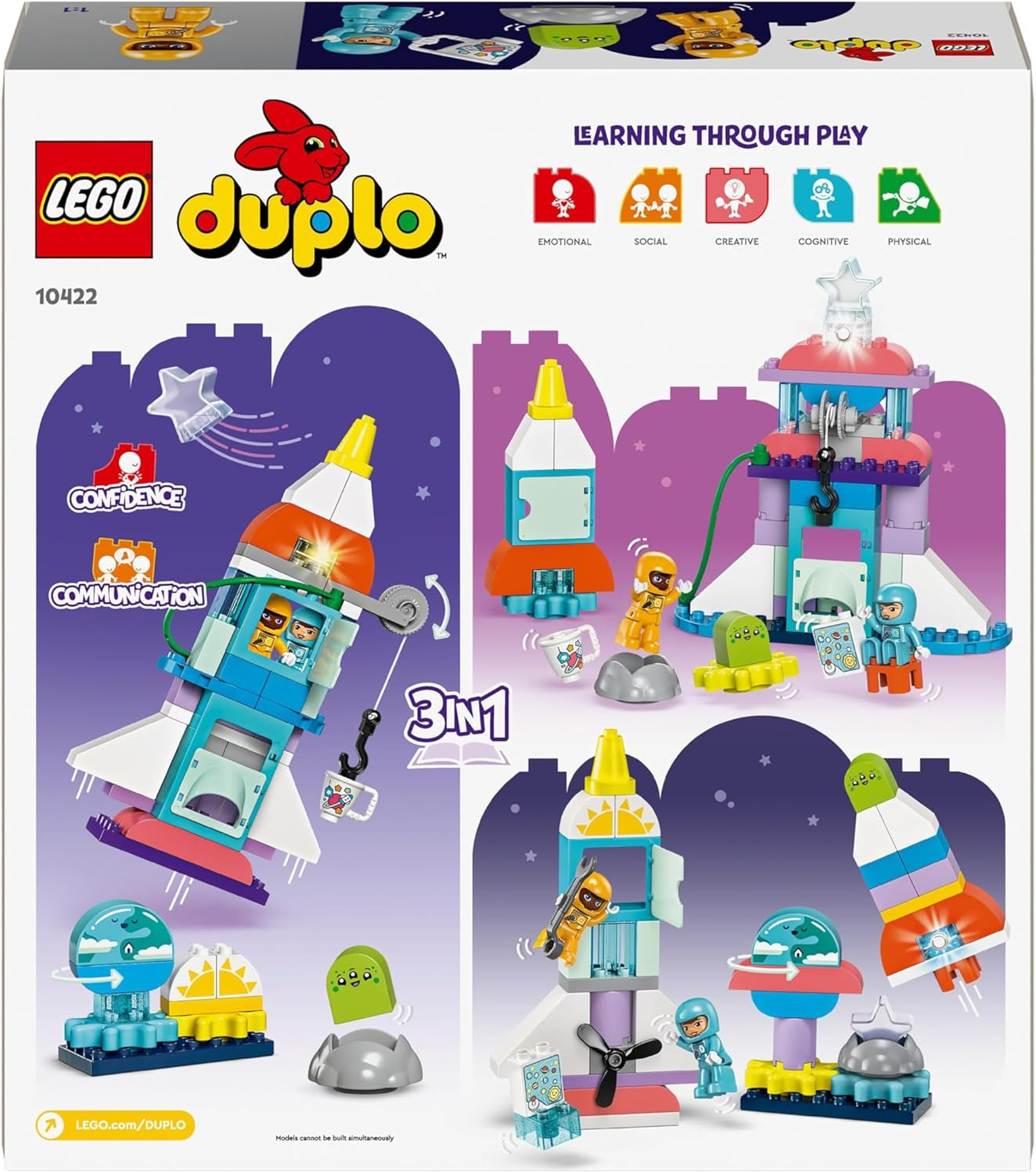 LEGO DUPLO 3-in-1 Space Shuttle, jede Menge Abenteuer, Weltraumset, Raketenspielzeug für Kinder, wissenschaftliches Bauspielzeug, frühe motorische Fähigkeiten, Geschenk für 3-Jährige, 10422 Bausets. Beuche den LEGO-Store