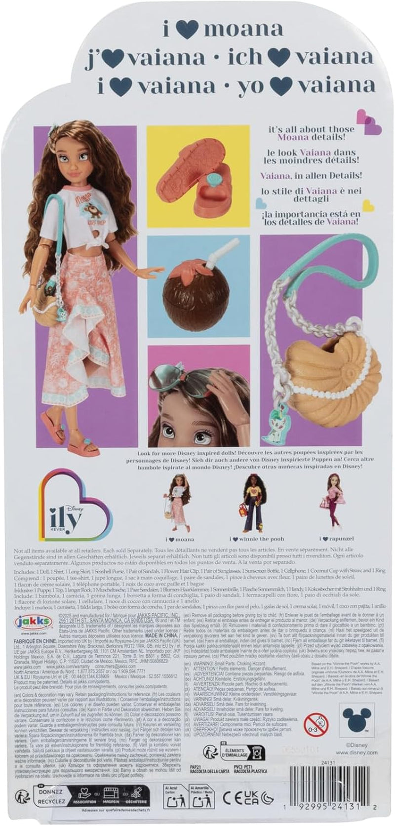 Vaiana-Puppe mit Zubehör, 29 cm, 13 Artikulationspunkte, offiziell lizenziert von Jakks Pacific. Komplett mit kombinierbaren Accessoires und einem funkelnden Mickey-Ring!