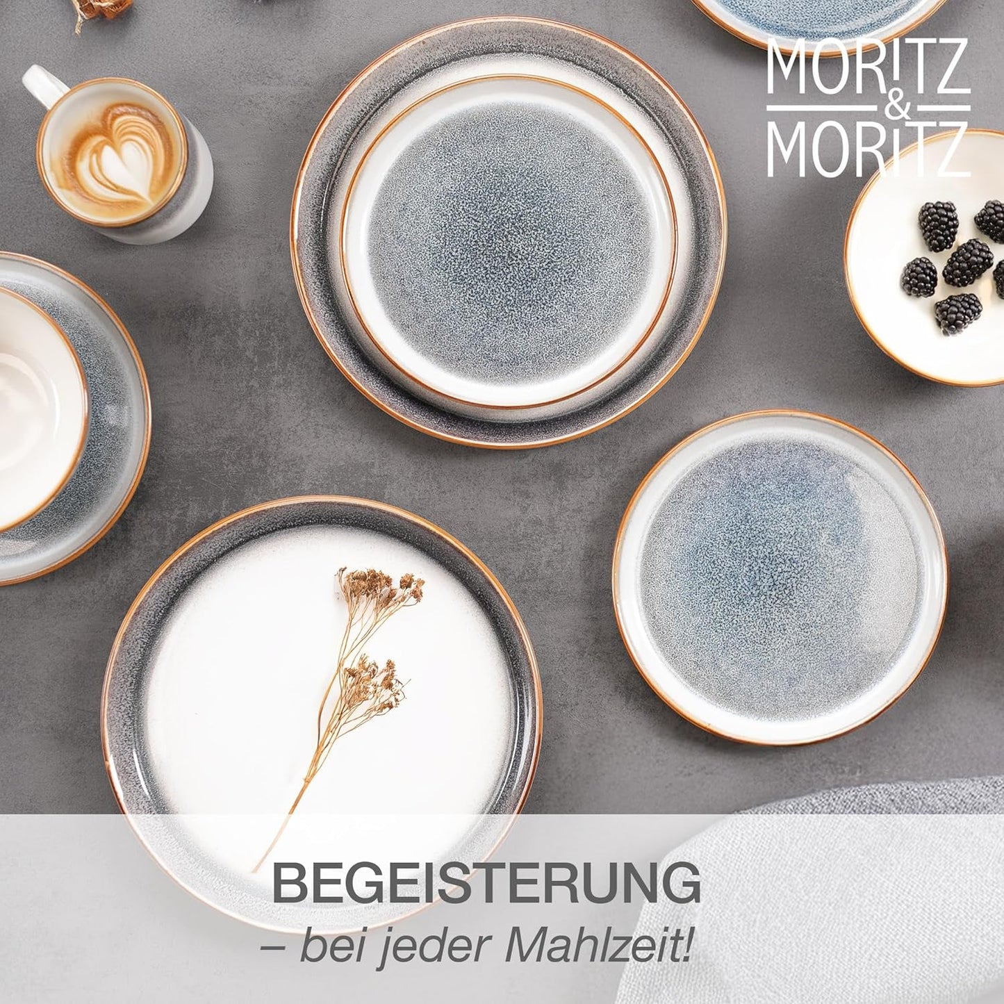 Moritz & Moritz TARENTO 24-teiliges Tafelservice für 6 Personen, Grau – Elegantes Tellerset aus hochwertigem Steingut – Das Tafelservice besteht aus 6 Speisetellern, 6 Desserttellern, 6 Speisetellern und 6 Tassen