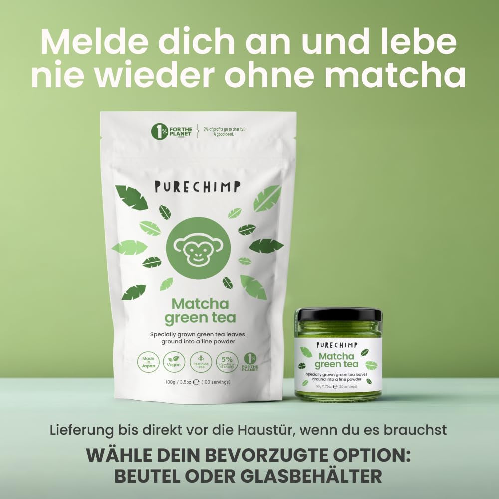Purechimp Matcha-Pulver in zeremonieller Qualität, 50 g. 100 % reines, schattengewachsenes Teepulver für Latte, Aufgüsse und Rezepte. Recycelbares Glas. Reich an Antioxidantien.