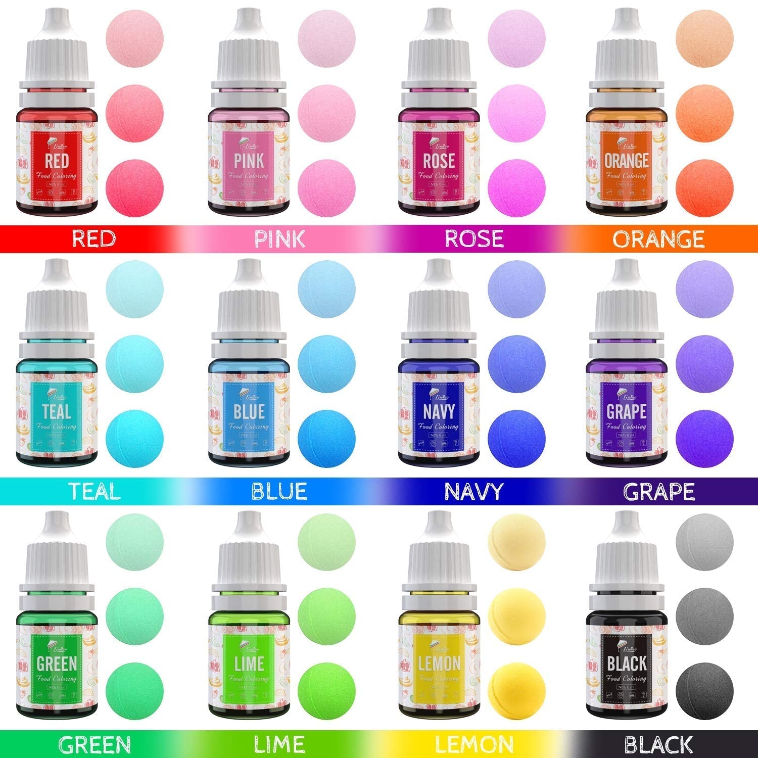 Lebensmittelfarbe in 12 Farben – flüssige Lebensmittelfarbe zum Backen von Kuchen, Keksen, Makronen, Fondant – lebendige Lebensmittelfarbe zum Dekorieren und Kochen, Airbrushen, DIY-Seifen – je 6 ml
