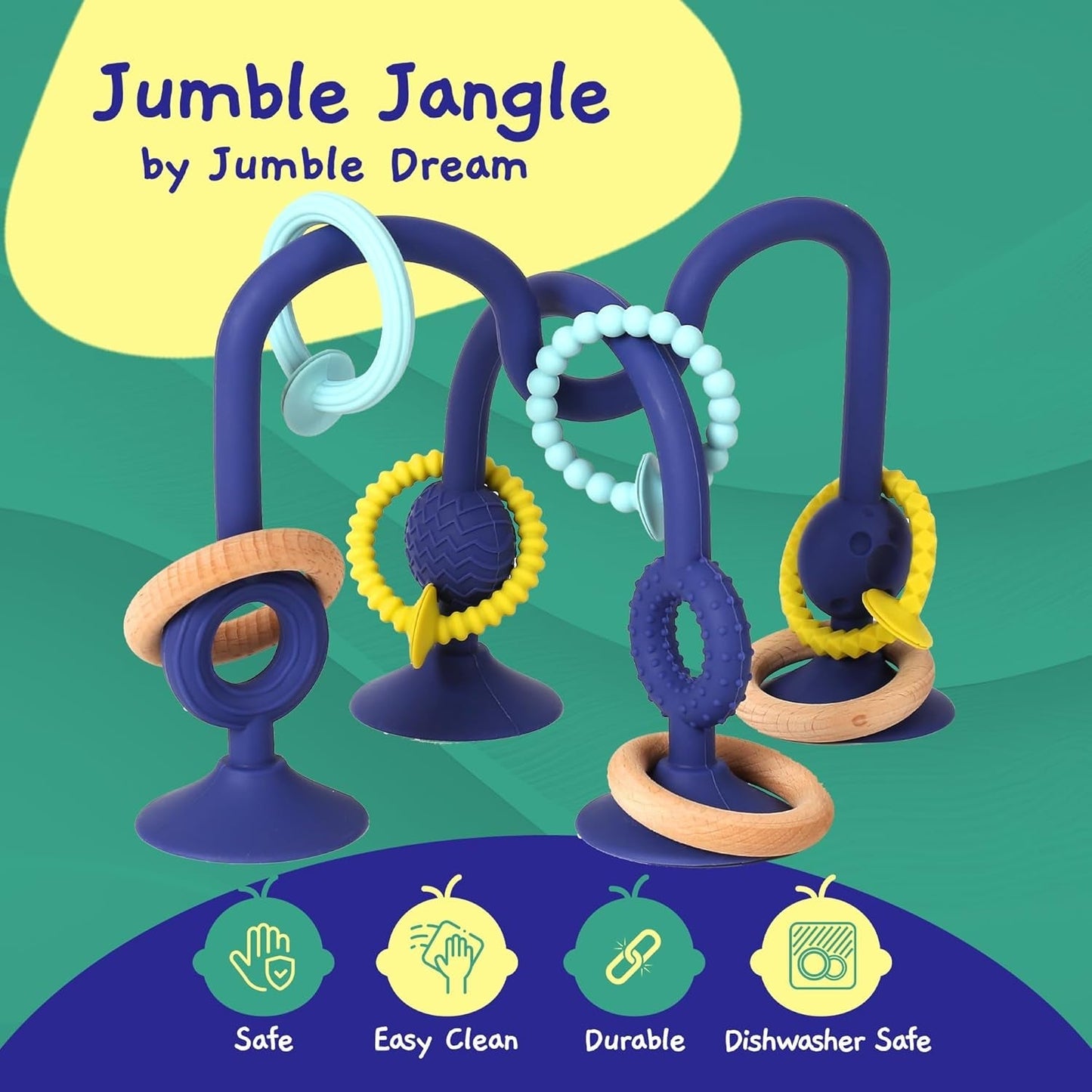 JUMBLE JANGLE Baby-Beißring: Baby-Beißspielzeug 3-24 Monate | Set mit 7 BPA-freien Kauspielzeugen | Kühlender Silikon-Beißring | Kleinkindspielzeug mit Saugnapf für Hochstuhl, Tisch und Badewanne