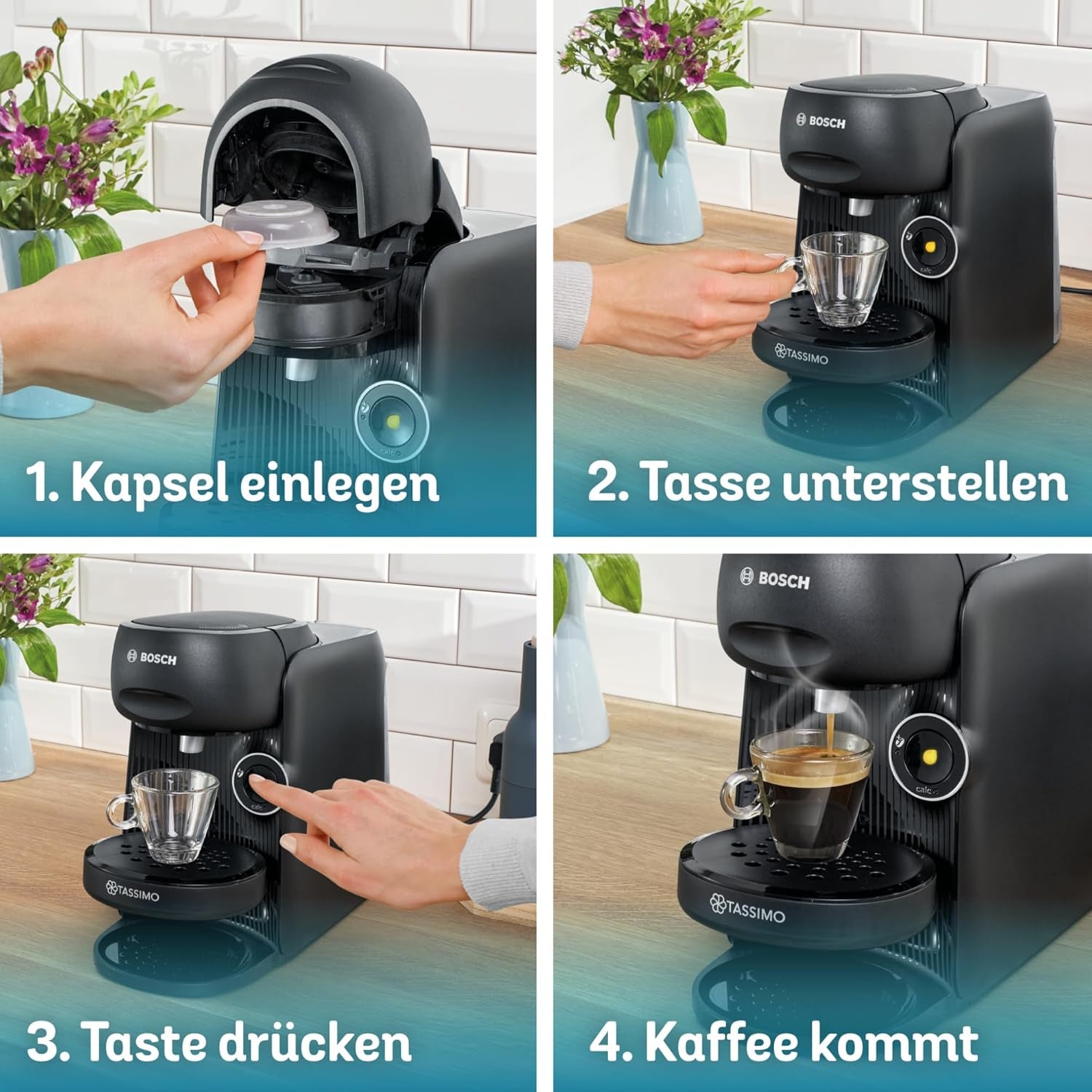 Bosch Tassimo finesse TAS162E Kapsel-Espressomaschine, 70 Getränke, intensiverer Kaffee auf Knopfdruck, automatische Abschaltung, nachhaltig, perfekte Dosierung, 1400 W, schwarz/schwarz