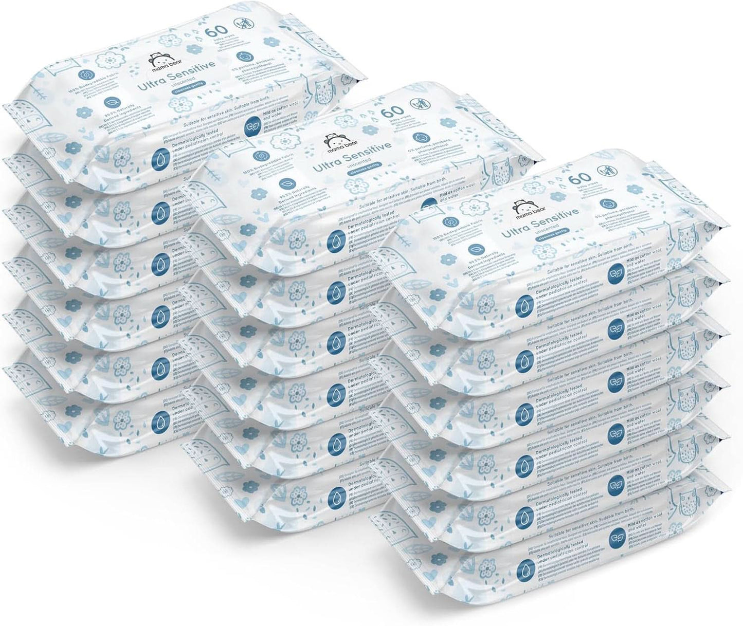 Mama Bear Ultra Sensitive Babyfeuchttücher, parfümfrei, 1008 Stück (18 Packungen à 60 Stück), Naty Shop