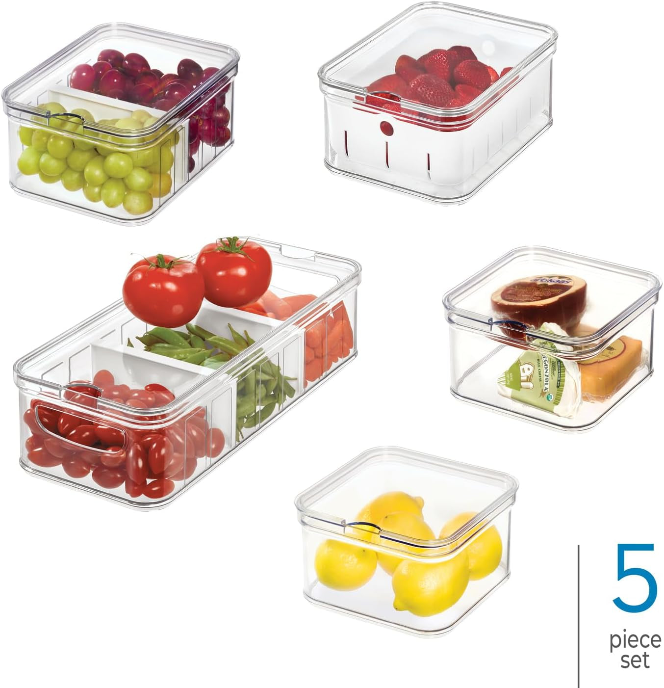 iDesign Aufbewahrungsboxen, Kühlschrank-Organizer mit Deckel im 5er-Set, Lebensmittel-Aufbewahrungsboxen aus recyceltem Kunststoff zum Organisieren von Verbrauchsmaterialien, durchsichtige und weiße Lebensmittel-Aufbewahrungsboxen von Naty Shop