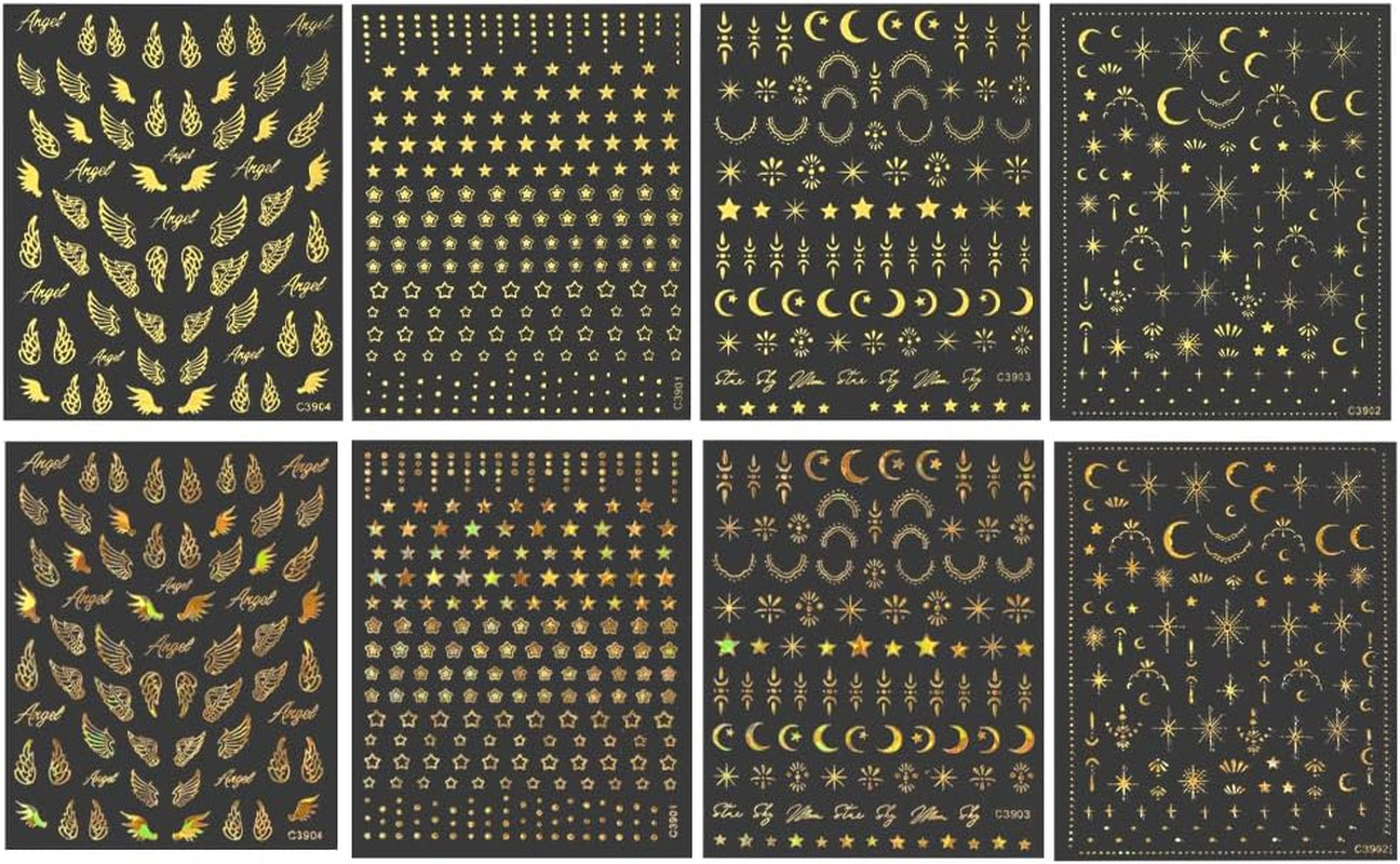 8 Blatt goldene Mond- und Sterne-Nagelkunstaufkleber, Engelsflügel, hellbraune goldene Nagelaufkleber, Sterne, Nagelfolien, selbstklebende Nagelaufkleber, Nageldesign-Zubehör, Nagelaufkleber
