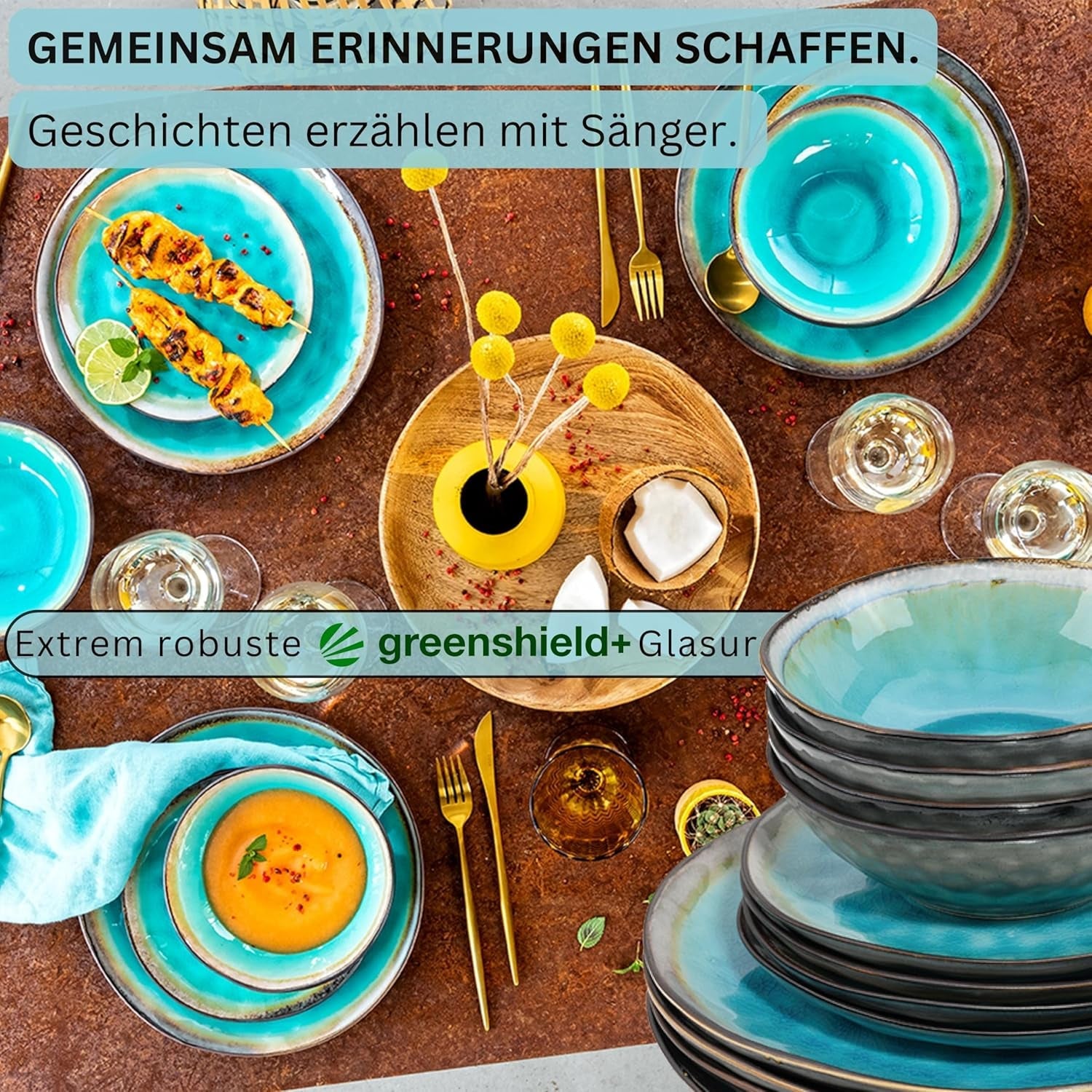 SANGER | Capri-Geschirr, 12-teiliges Geschirr-Set, Steinzeug-Geschirr für 4 Personen, einschließlich Speiseteller, Dessertteller und Suma-Teller, handgefertigtes türkisfarbenes Tafelservice mit grauem Rand | DIE PREMIUM-KOLLEKTION