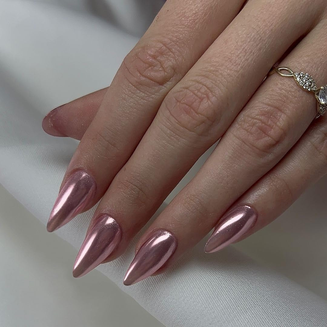 Selbstklebende Chromnägel – mittlerer mandelbrauner Glitzer, zum Aufkleben auf die Nägel, glitzernde künstliche Nägel, zum Aufkleben auf künstliche Nägel, glasierte Acrylnägel für Frauen, 24 Stück