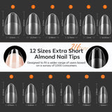 Modelones Nagelspitzen 216-teilig – Nagelspitzen-Set mit vollständiger Abdeckung, weiches Gel-Spitzen-Set, vorpolierende PMMA-Harz-Nagelspitzen, DIY-Kleber auf künstlichen Nägeln für Nagelkunst, kurze Mandeln XS