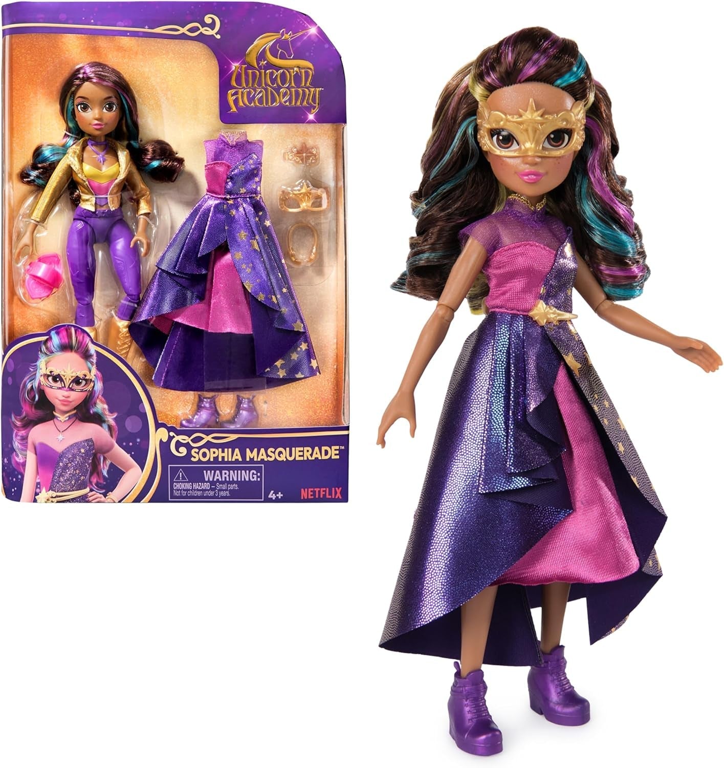 Unicorn Academy Deluxe Maskenball – Sophia Original-Puppe aus der beliebten Netflix-Serie, 24 cm groß, mit 2 Outfits und Accessoires, ab 4 Jahren