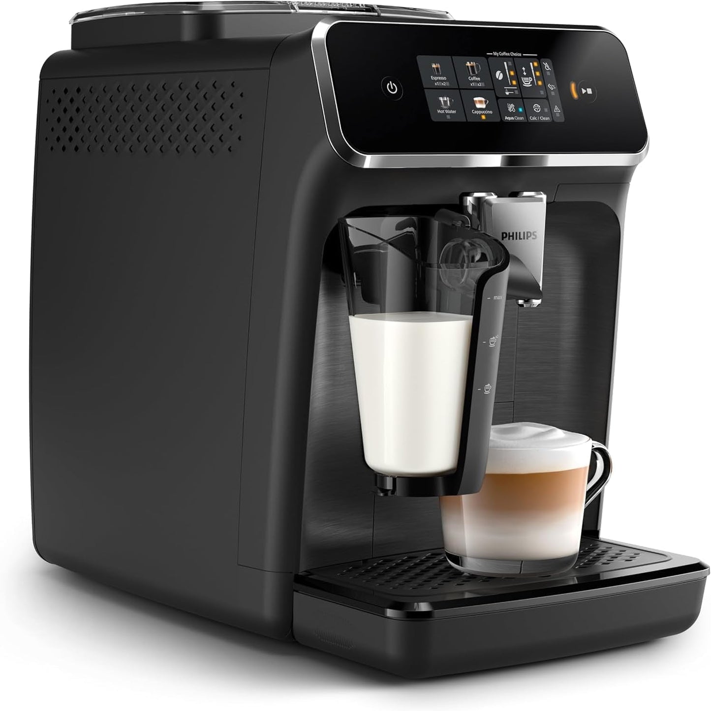 Automatische Espressomaschine PHILIPS 2300-Serie – 4 Getränke, moderner Farb-Touchscreen, LatteGo-Milchzubereitungssystem, SilentBrew, Mahlwerk aus 100 % Keramik, AquaClean-Filter. Mattschwarz (EP2330/10)