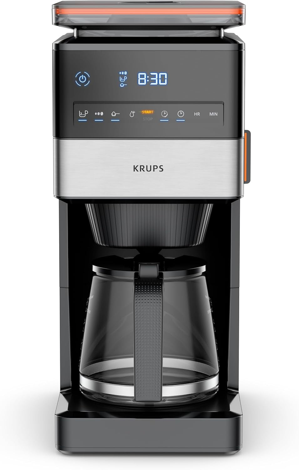 KRUPS Grind Aroma XL Espressokocher, abnehmbares konisches Mahlwerk, digitales Bedienfeld, XL-Kapazität (1,5 l), Warmhaltefunktion, Glaskaraffe, Schwarz/Edelstahl, KM842810