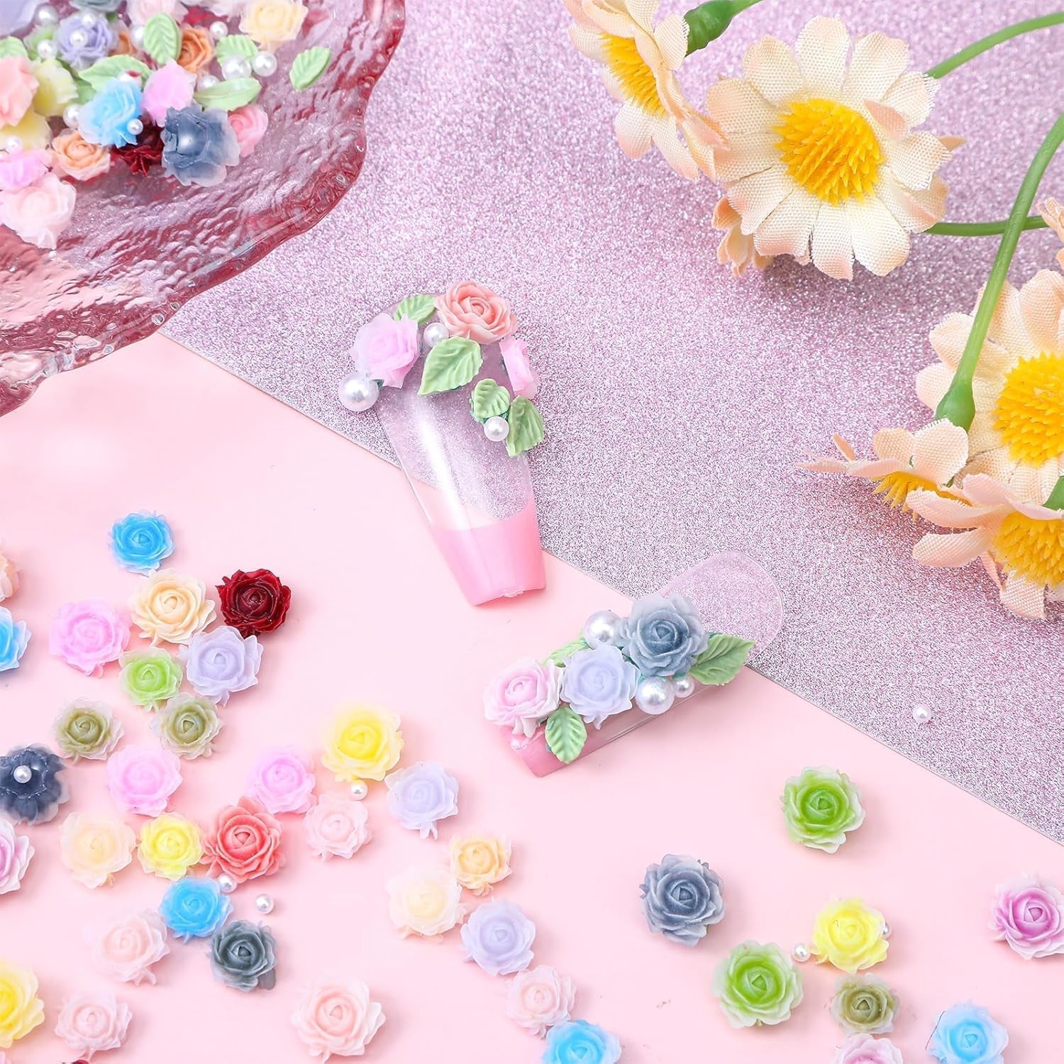 300 Stück Niedliche Blume Nail Charms, 3D Resin Floral Camelie Rose Nägel Charms Mit Perle, Gemischte Größe Bunte Flower Nägel Deko Für Frauen Nail Art Zubehör