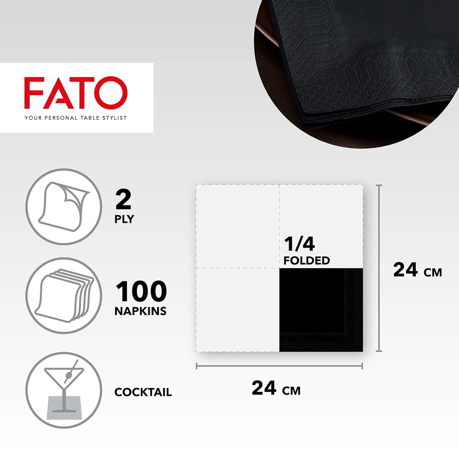 - Einweg-Papierservietten, ideal für Vorspeisen und Cocktails, Packung mit 100 Servietten, Größe 24 x 24, 4-fach gefaltet, 2-lagig, schwarze Farbe, 100 % reines Zellulosepapier, FSC-zertifiziert