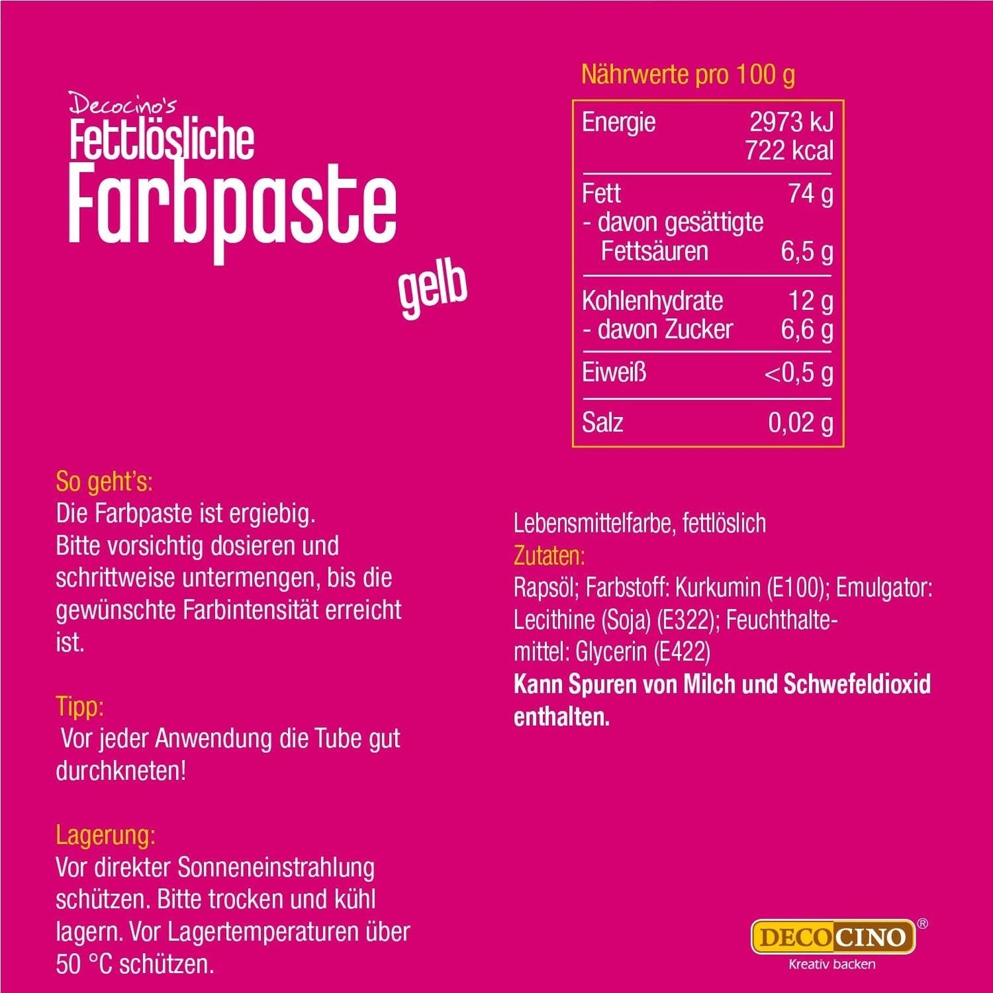 DECOCINO Gelbe fettlösliche Farbpaste – 15 g – Lebensmittelfarbe auf Ölbasis, ideal zum Färben von Schokolade, Buttercreme, Fondant oder Keksteig