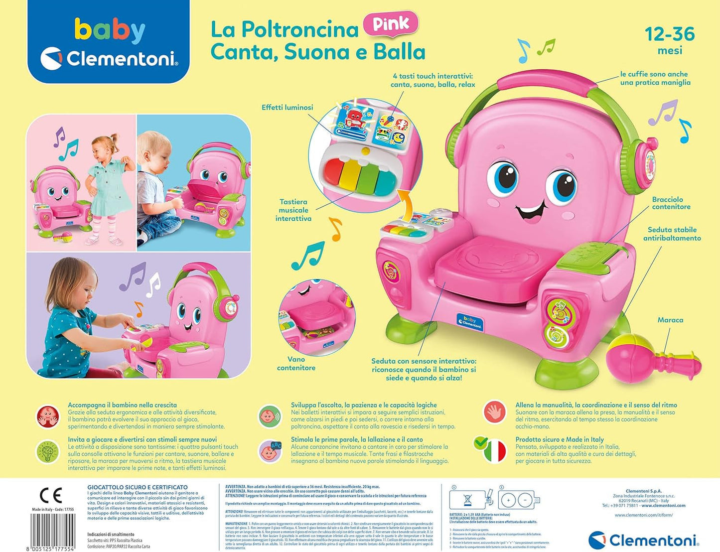 Clementoni 17755 Singsessel mit rosa Klang und Tanz – interaktiver und multifunktionaler Sessel für Kinder auf Italienisch, Spielzeug 1 Jahr – Made in Italy, mehrfarbig Toys Bebe Naty Shop