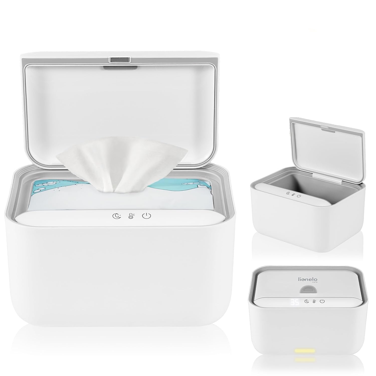 Lionelo BABYBLISS 20W Wärmer für Feuchttücher und kleine Handtücher, 20W für Babys, integriertes Nachtlicht, 3 Heizstufen, Touchpanel, hält die Tücher feucht