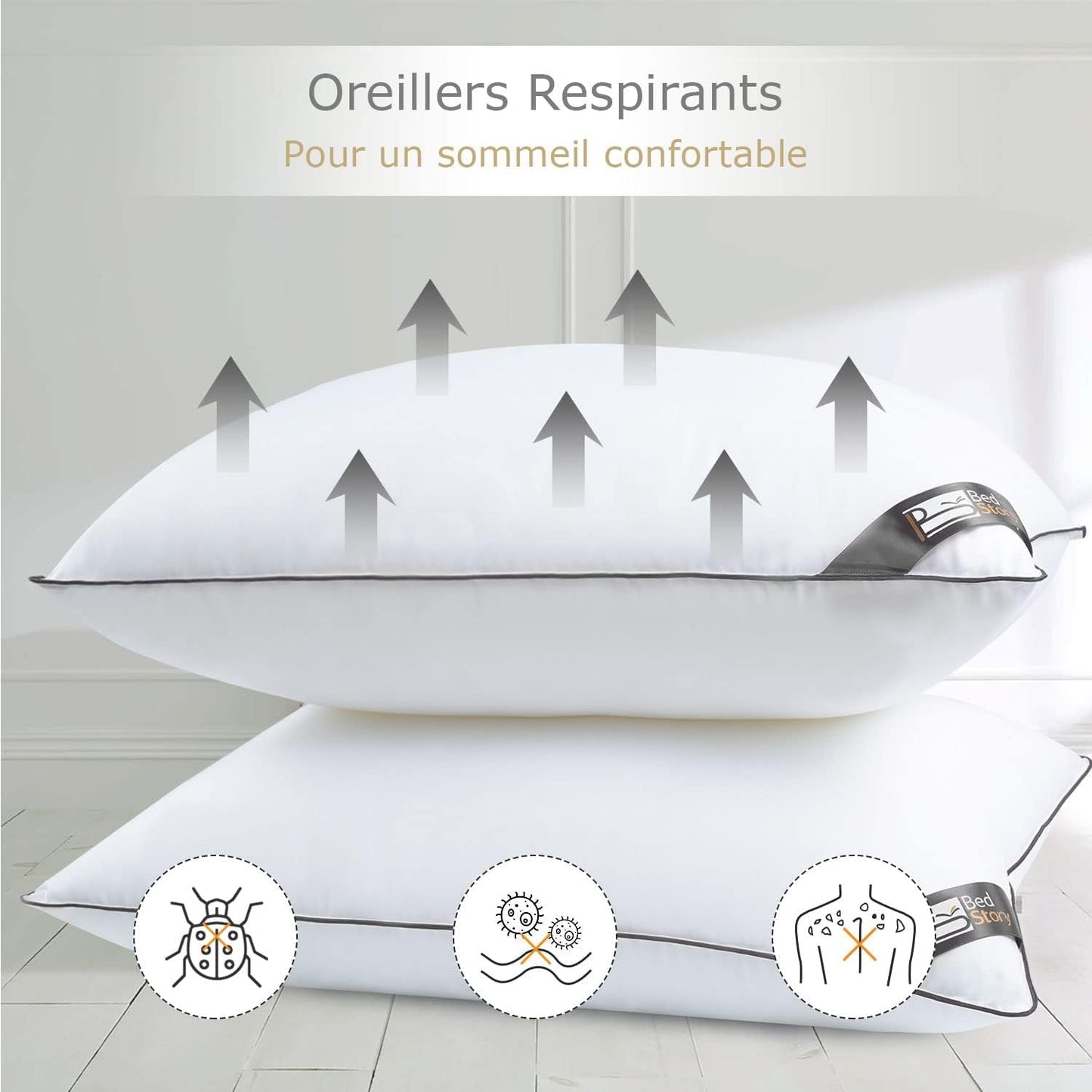 Bedstory-Kissen, 50 x 70 cm, 2 Stück, bissfest, schweißatmend, hypoallergen, Füllung: 100 % Polyesterfaser, ultra-bequem und weicher Komfort und hervorragende Unterstützung. Naty Shop Standard-Kissen