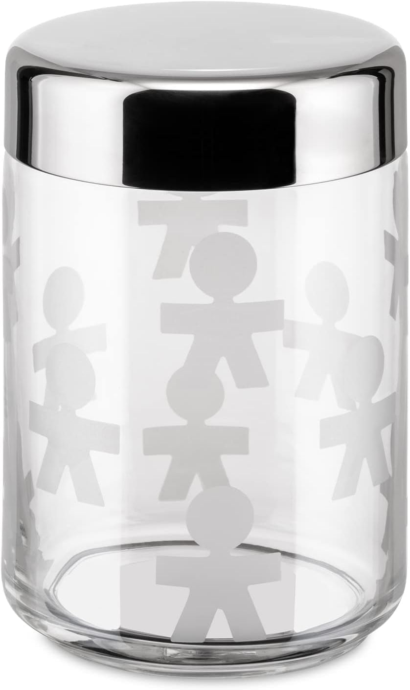 Alessi AKK37 GIROTONDO Aufdruck Glas-Küchenglas mit versiegeltem Edelstahldeckel, L 21,6 cm, H 10,5 cm, Frischhaltedosen Naty Shop B 21,6 cm, H 10,5 cm