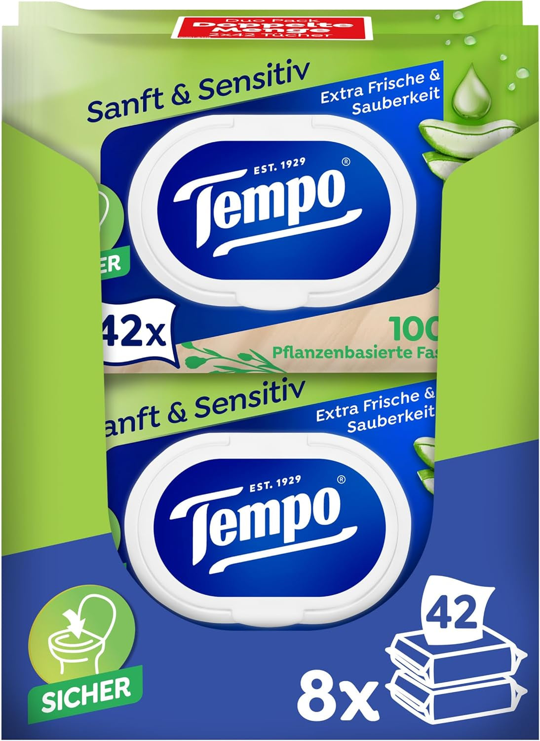 Tempo „Gentle & Sensitive“ feuchte Toilettentücher – Megapack – 16 Packungen à 42 Tücher – Duo-Packs – Natürliche Aloe Vera – Hygienepapier, dermatologisch getestet, hautneutral