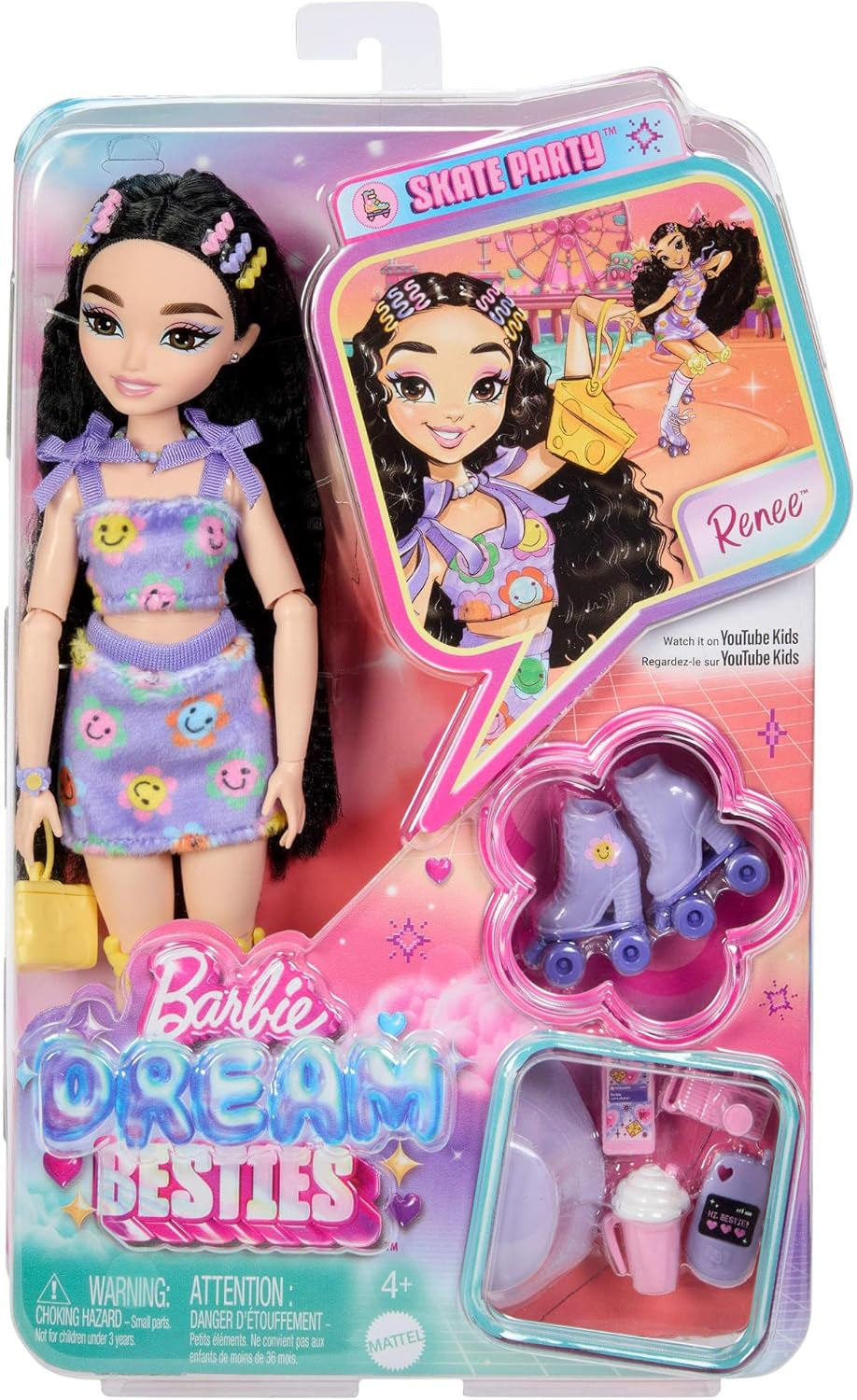 Dream Besties Barbie-Puppe und Zubehör, modische Barbie-Renee-Puppe mit Rollschuhlaufen und schwarzem Haar, 12 thematische Accessoires mit Videos und Essen, JFX99