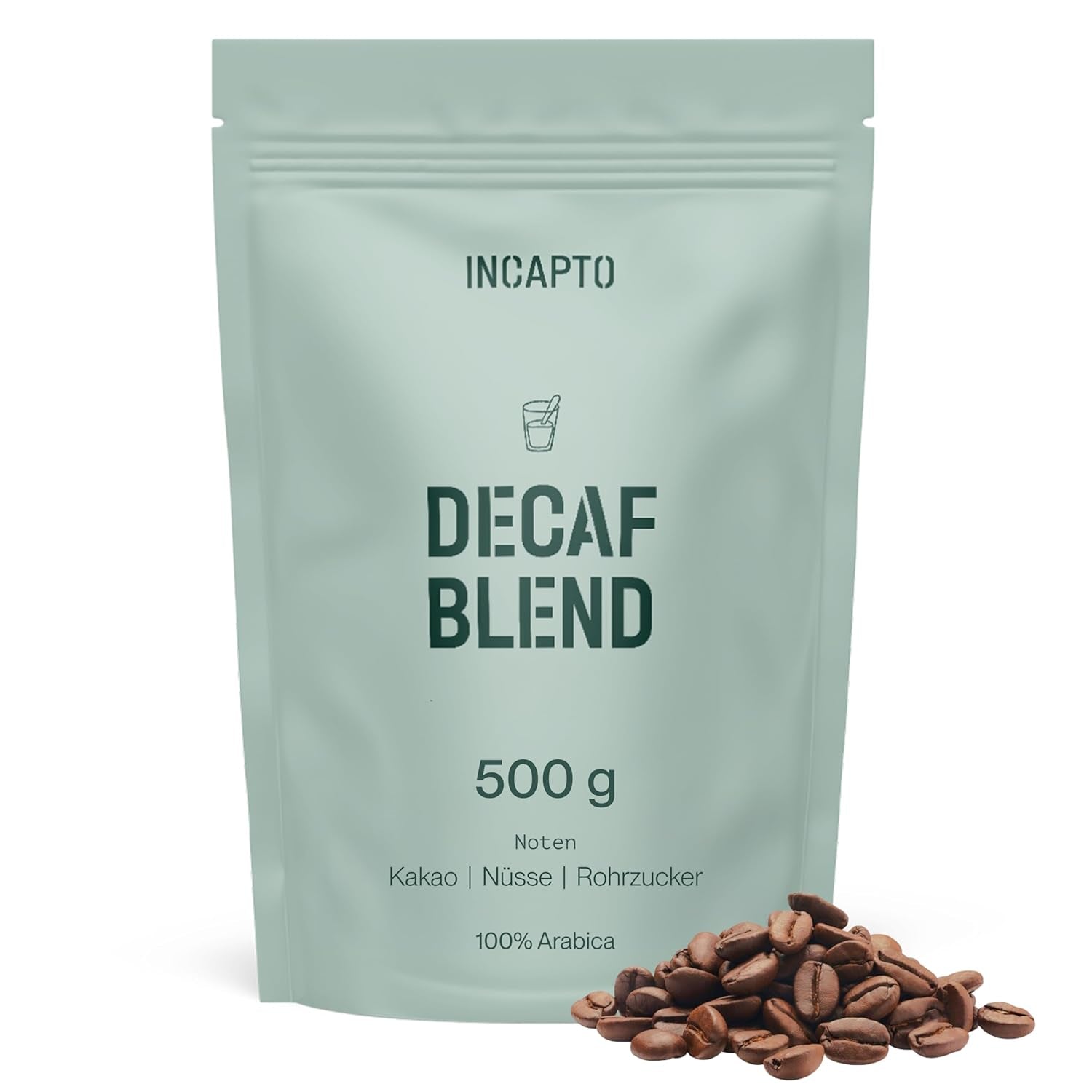 Incapto Ganze Entkofeinierte Kaffeebohnen | Ohne Chemikalien | Mischung aus 100% Arabica-Kaffee aus Brasilien | Ungemahlene Espressobohnen | Schweizer Wasser entkoffeinierter Kaffee, Packung 500g