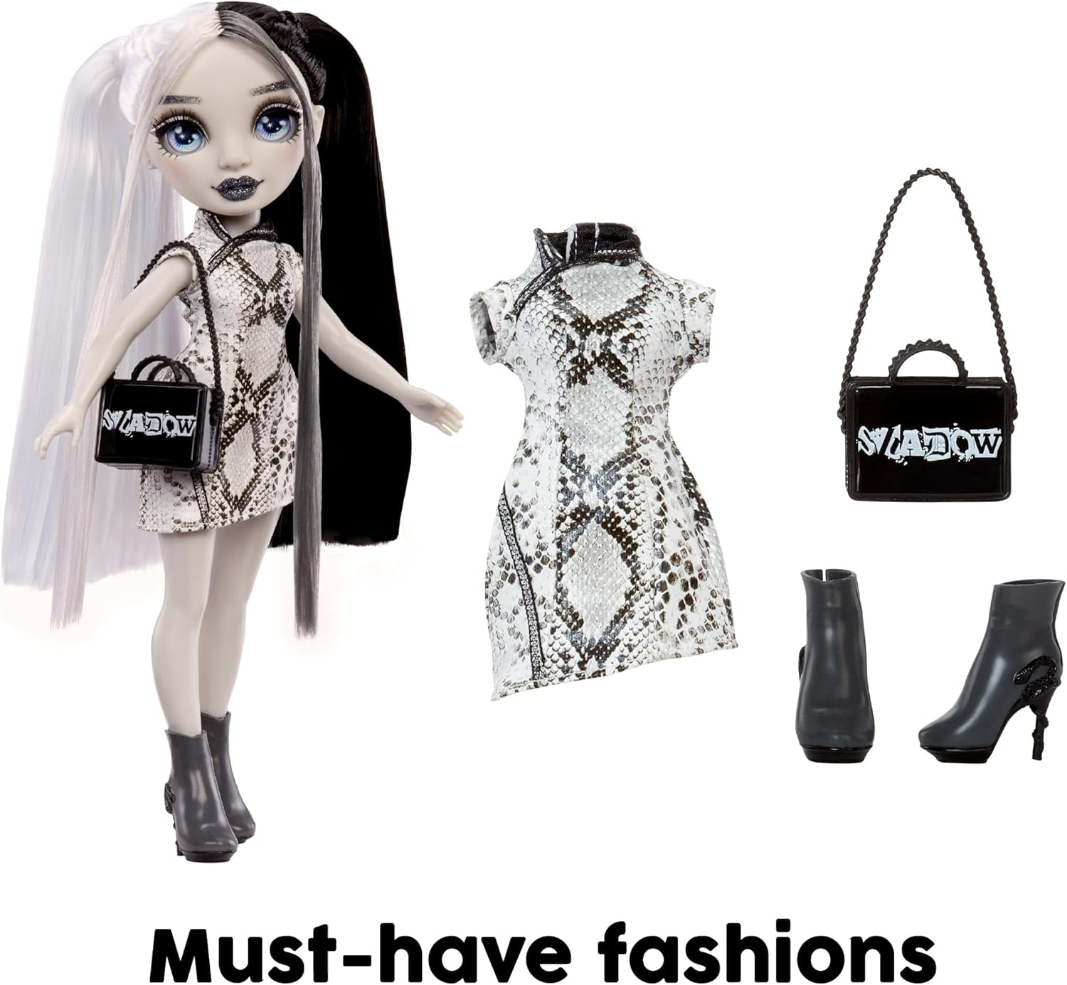 Rainbow High Shadow High Heather Grayson Puppe – 28 cm in Grautönen, schwarz-weißes Haar und Outfit, stilvolle Tasche, süßes Geschenk für Kinder von 4–10 Jahren