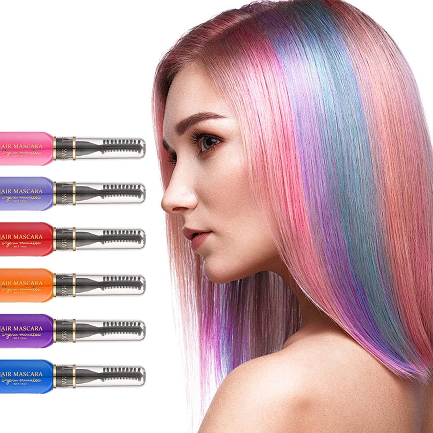 Sofortige Haarfarbe, 6 Farben, temporäre Haar-Mascara für Mädchen und Frauen, waschbare Haarkreide, Regenbogen-Haar-Mascara, Haarfarbe für Karneval, Halloween, Cosplay, Party, Geburtstag (A), Naty Shop Haarfarbe