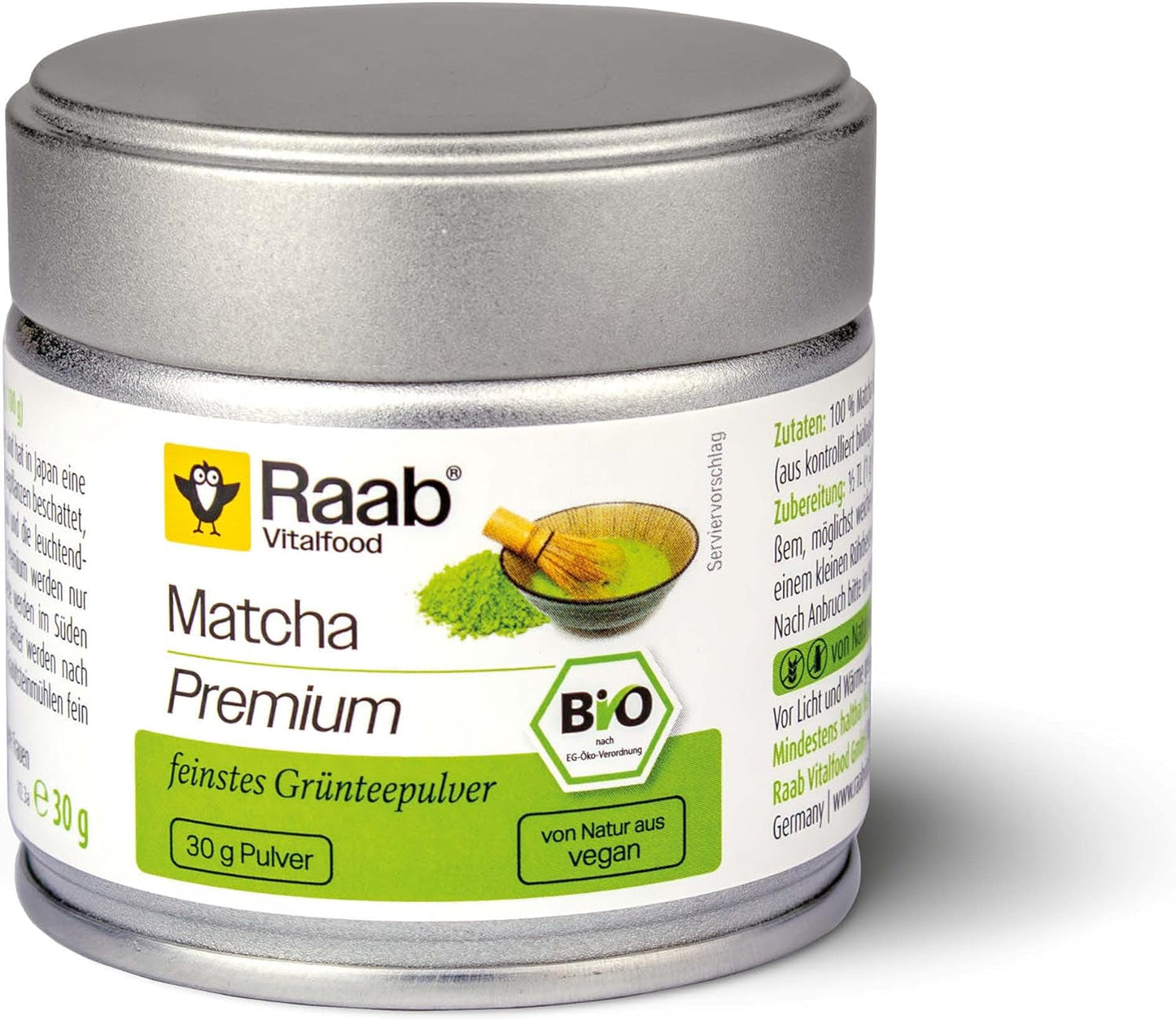 Raab Vitalfood® Premium Bio Matcha Pulver (30g) – Original aus Japan, reines Matcha-Pulver ohne Zusatzstoffe, fein gemahlen, mild-bitterer Geschmack, Grüntee-Pulver, vegan, Teezeremonie