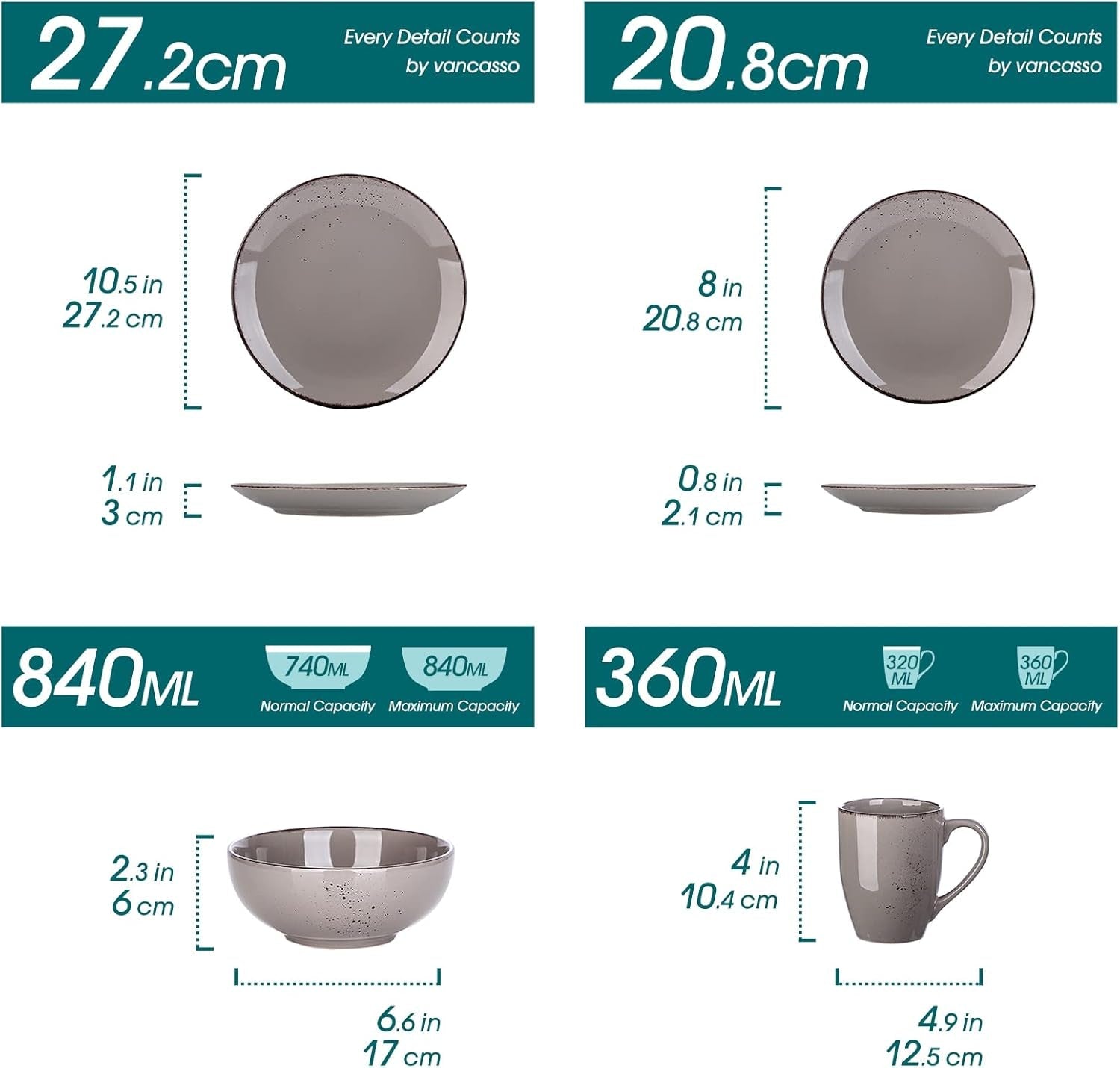 Vancasso 12-Personen-Geschirrset Navia, Steinzeug-Geschirrset, 48-teiliges Kombinationsset mit Tellern, Salattellern, Schüsseln und Tassen, Vintage-Look, natürliches Design