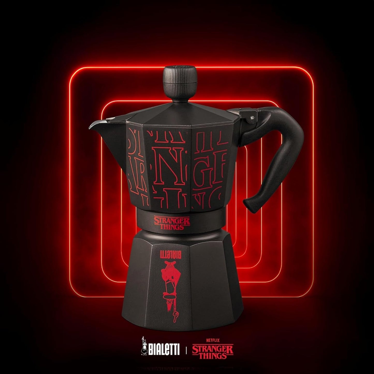 Bialetti Moka Express Stranger Things 6-Tassen-Kaffeemaschine, Musiktaste mit USB-C-Ladefunktion, nicht für Induktionsherde geeignet, 6 Tassen (270 ml), Schwarz