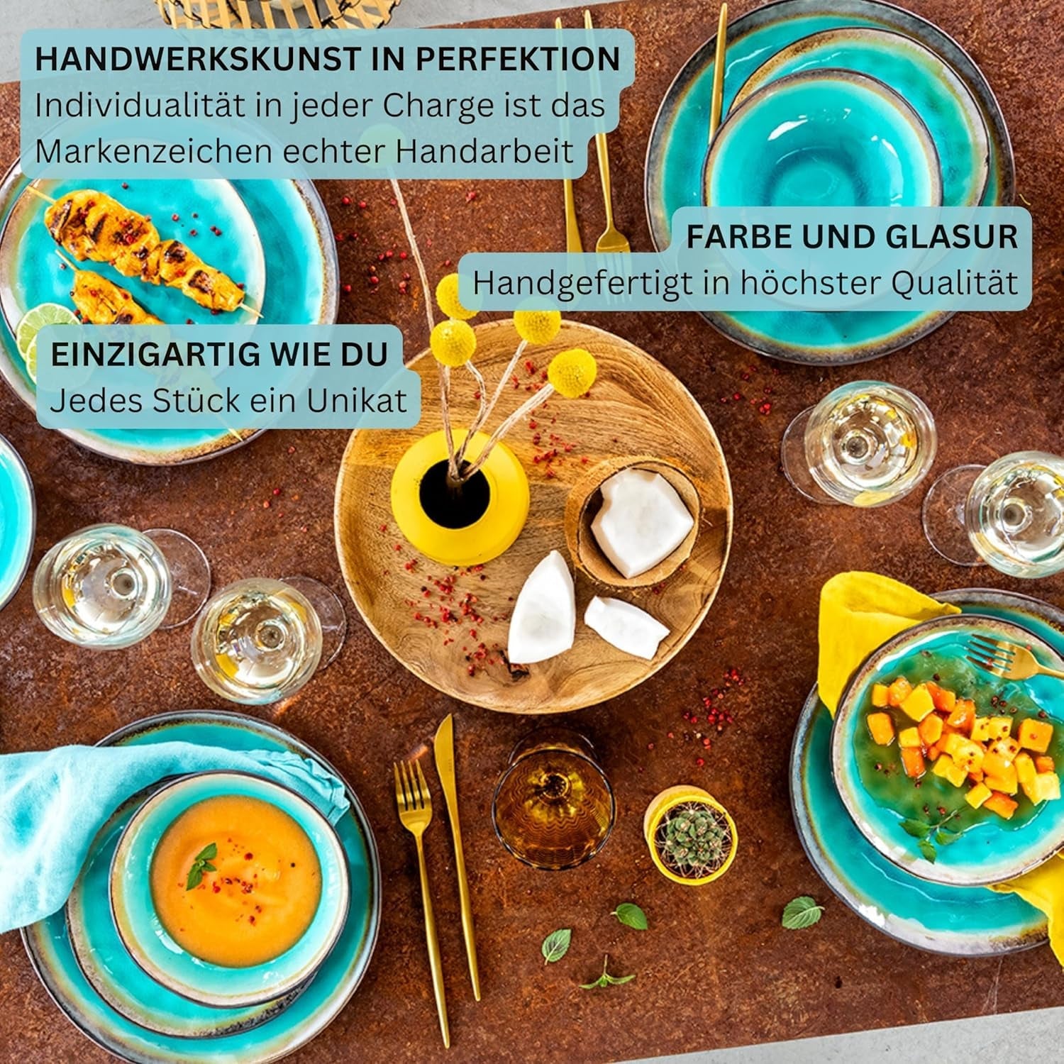 SANGER | Capri-Geschirr, 12-teiliges Geschirr-Set, Steinzeug-Geschirr für 4 Personen, einschließlich Speiseteller, Dessertteller und Suma-Teller, handgefertigtes türkisfarbenes Tafelservice mit grauem Rand | DIE PREMIUM-KOLLEKTION